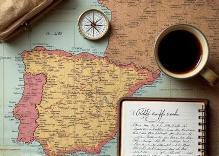 Mapa detallado con notas de viaje y café