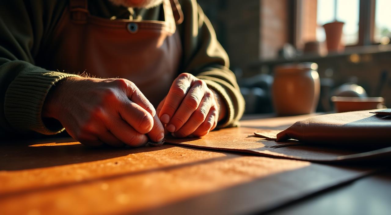 Un artesano trabajando el cuero en un taller tradicional español